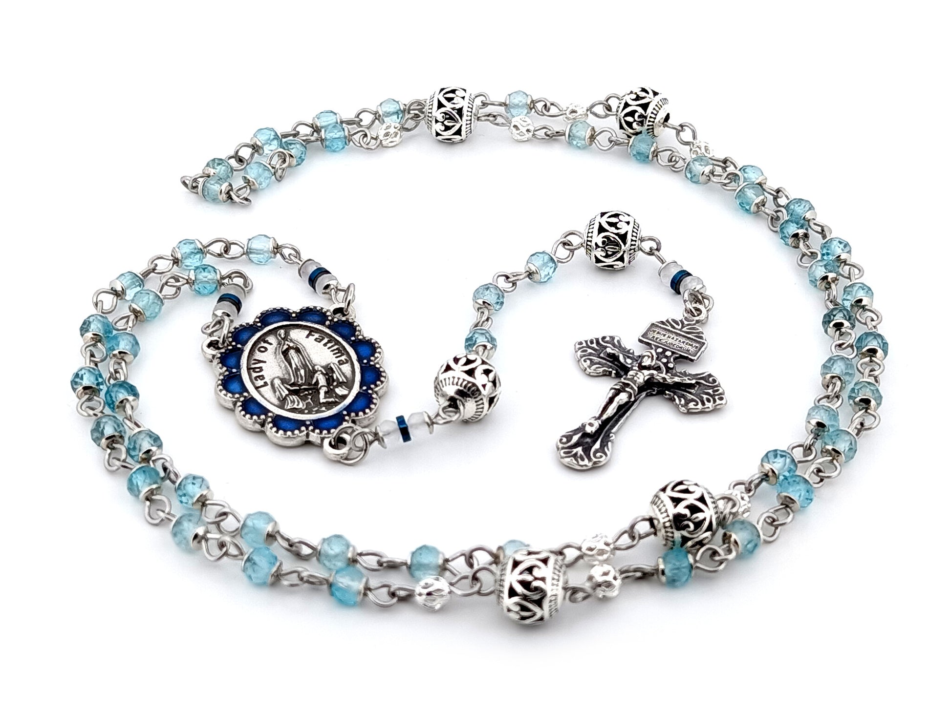 Our Lady of Fatima blue topaz gemstone unique rosary beads with 925 sterling silver pardon crucifix.