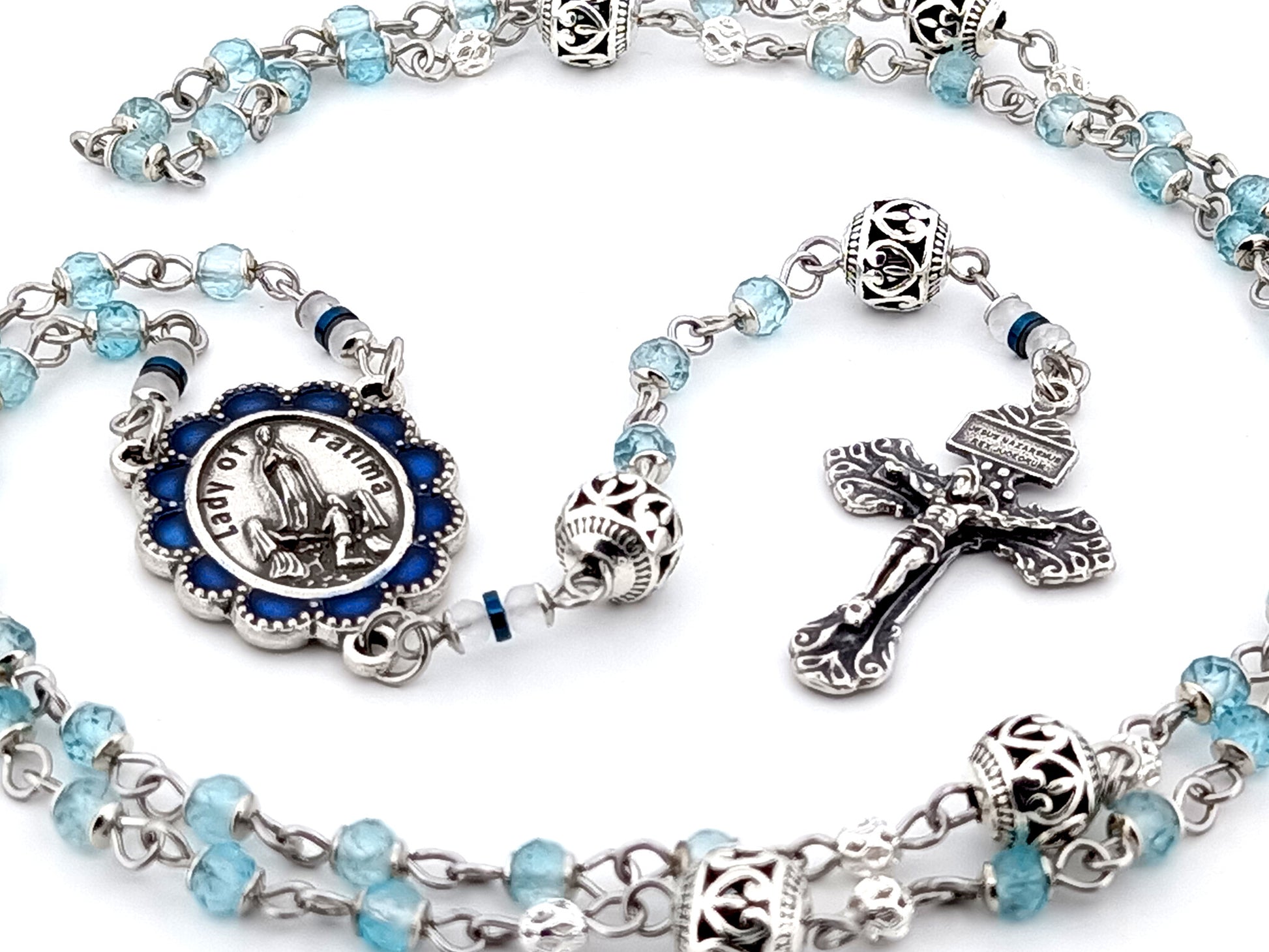Our Lady of Fatima blue topaz gemstone unique rosary beads with 925 sterling silver pardon crucifix.