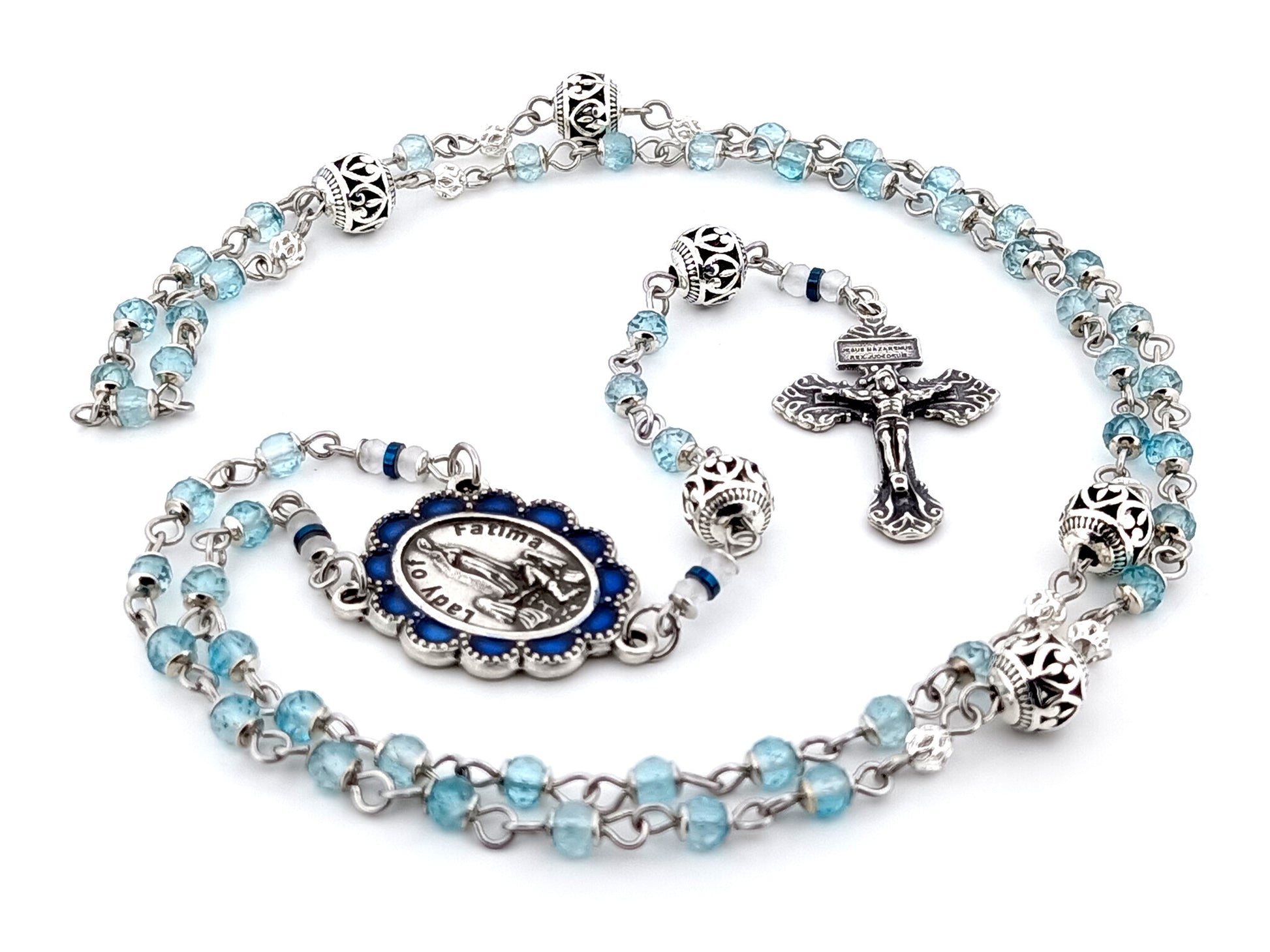 Our Lady of Fatima blue topaz gemstone unique rosary beads with 925 sterling silver pardon crucifix.