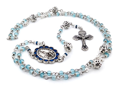 Our Lady of Fatima blue topaz gemstone unique rosary beads with 925 sterling silver pardon crucifix.