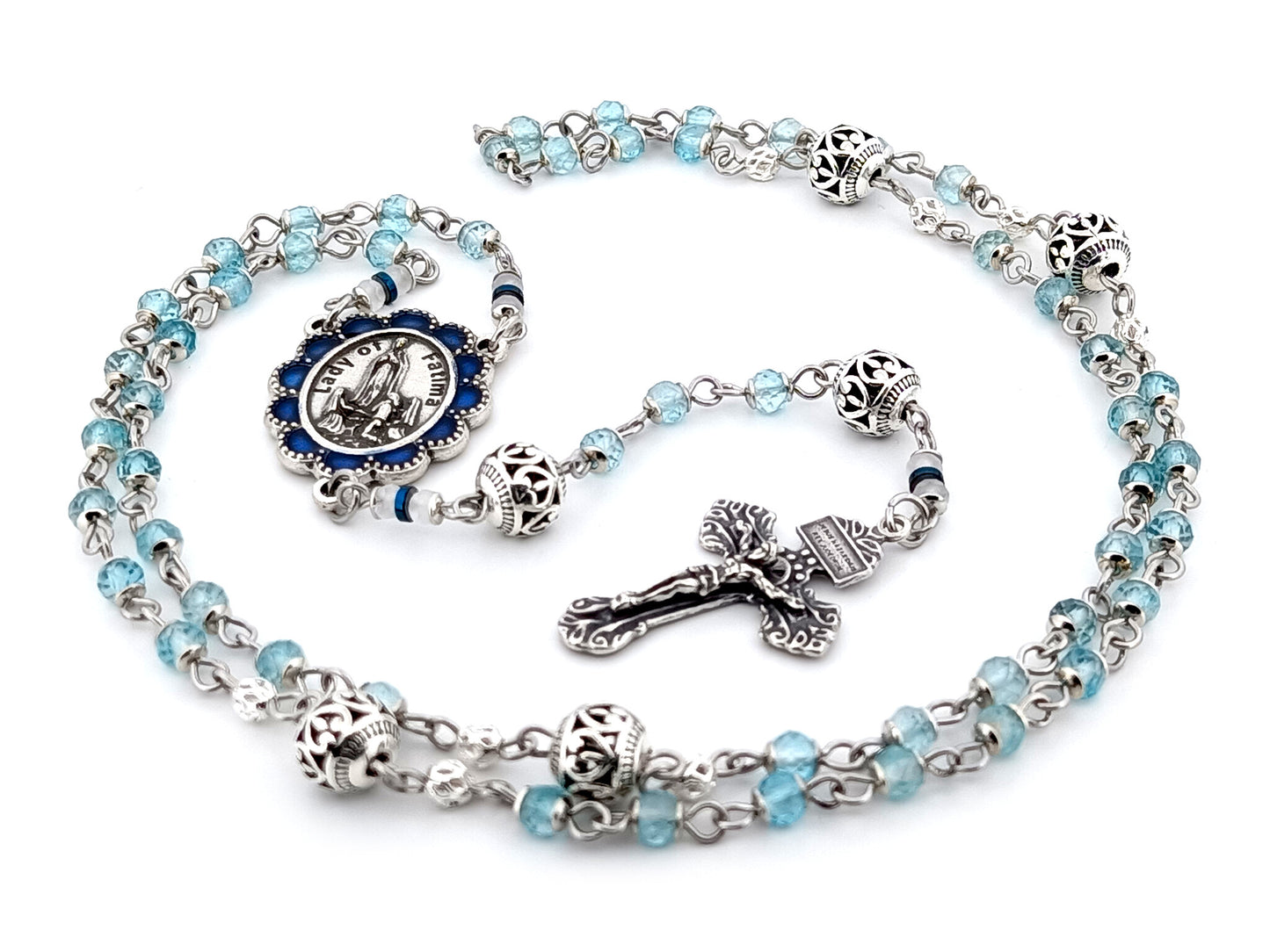 Our Lady of Fatima blue topaz gemstone unique rosary beads with 925 sterling silver pardon crucifix.