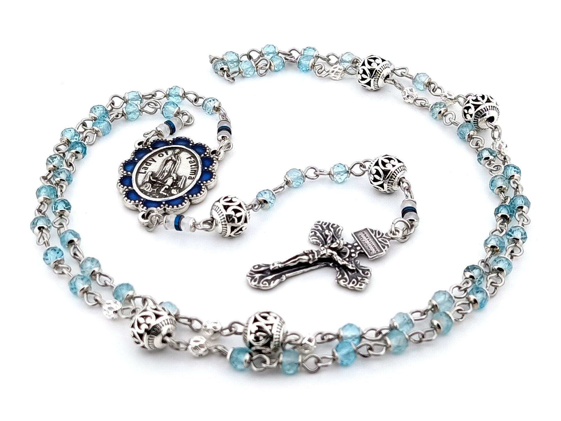 Our Lady of Fatima blue topaz gemstone unique rosary beads with 925 sterling silver pardon crucifix.