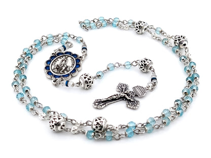 Our Lady of Fatima blue topaz gemstone unique rosary beads with 925 sterling silver pardon crucifix.