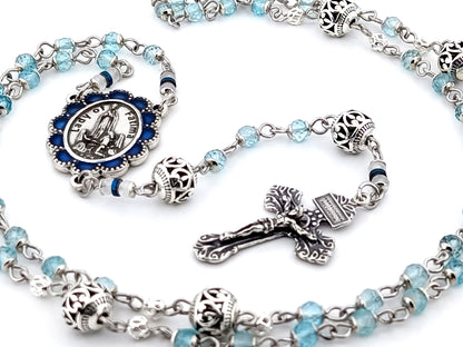 Our Lady of Fatima blue topaz gemstone unique rosary beads with 925 sterling silver pardon crucifix.