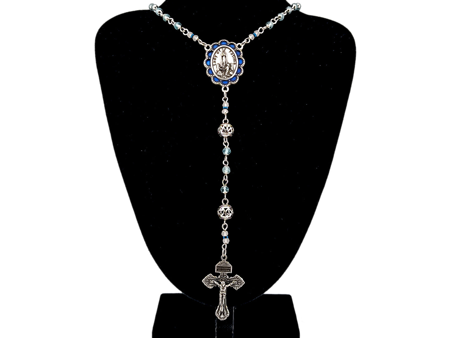 Our Lady of Fatima blue topaz gemstone unique rosary beads with 925 sterling silver pardon crucifix.