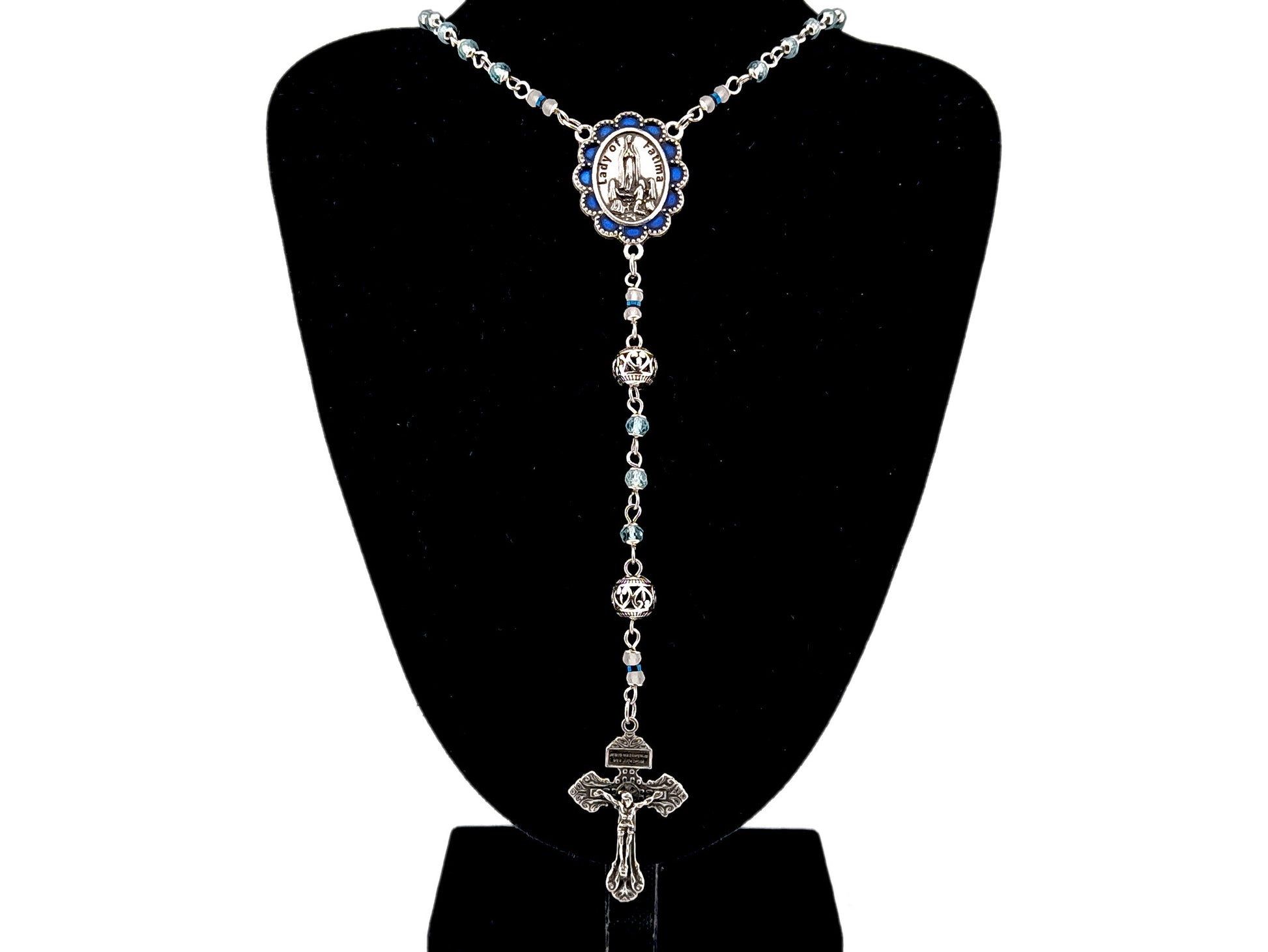 Our Lady of Fatima blue topaz gemstone unique rosary beads with 925 sterling silver pardon crucifix.