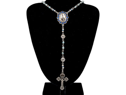 Our Lady of Fatima blue topaz gemstone unique rosary beads with 925 sterling silver pardon crucifix.