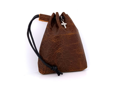 Real leather rosary pouch with draw string and small crucifix in nutmeg brown leather.