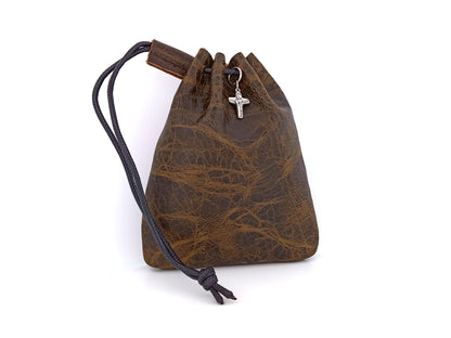 Real leather rosary pouch with draw string and small crucifix in sage brown leather.