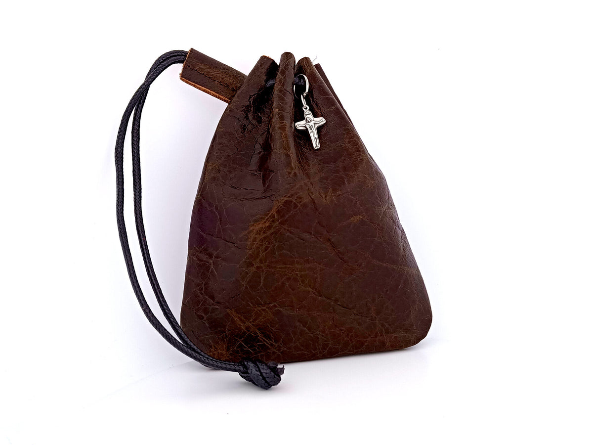 Real leather rosary pouch with draw string and small crucifix in aqua and vintage brown leather.