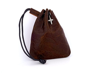 Real leather rosary pouch with draw string and small crucifix in aqua and vintage brown leather.