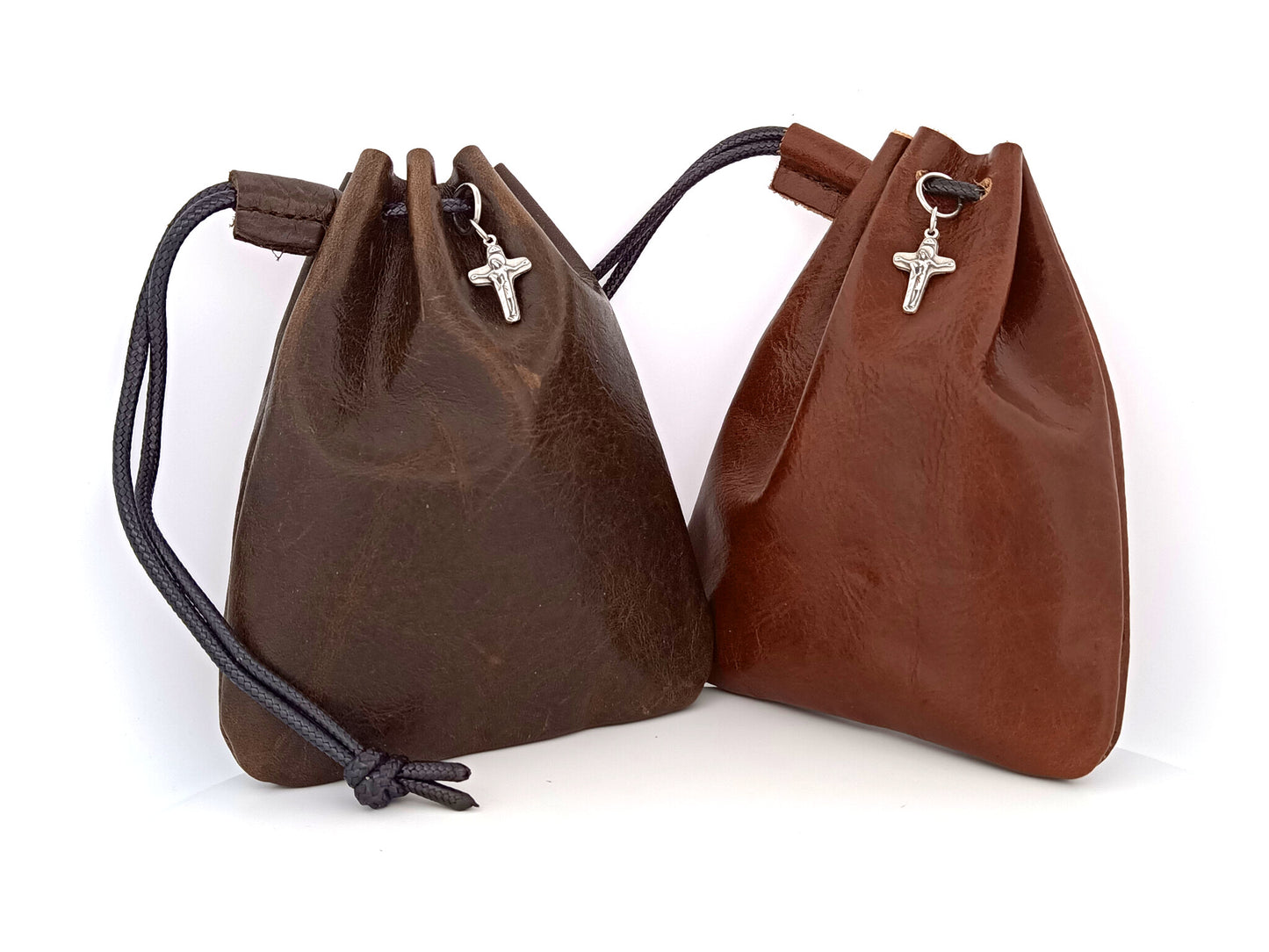 Real leather rosary pouch with draw string and small crucifix in moka and nutmeg brown leather.