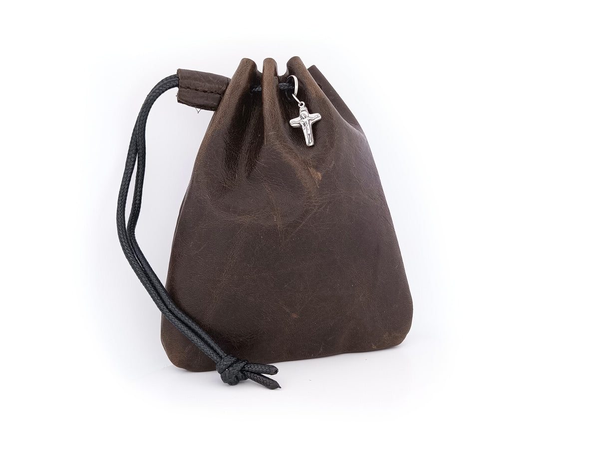 Real leather rosary pouch with draw string and small crucifix in moka brown leather.