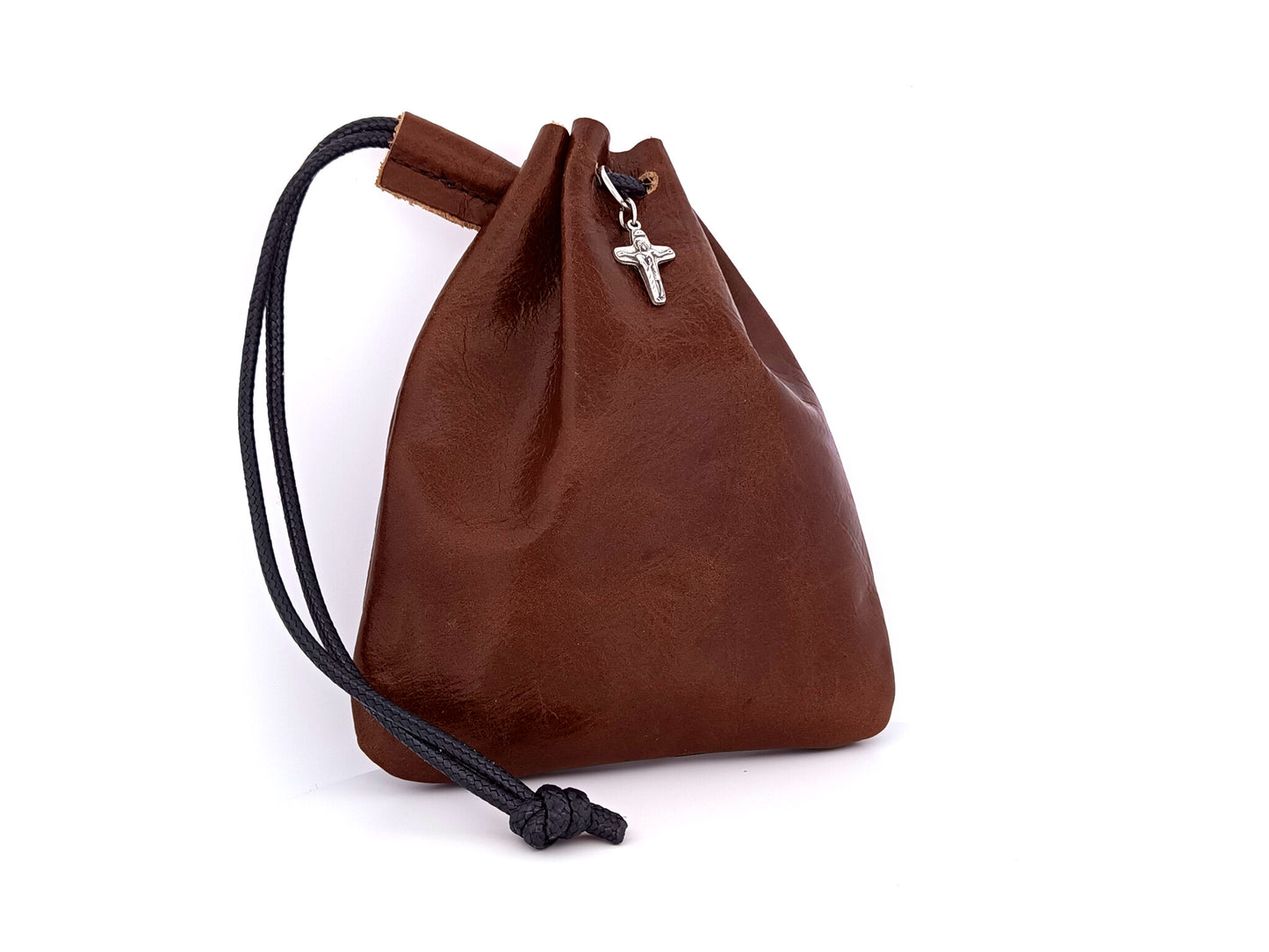 Real leather rosary pouch with draw string and small crucifix in nutmeg brown leather.