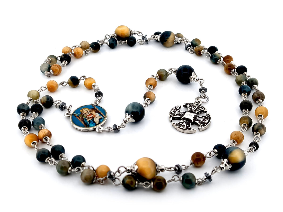 Our Lady of Walsingham tigers eye gemstone unique rosary beads with small Canterbury cross.