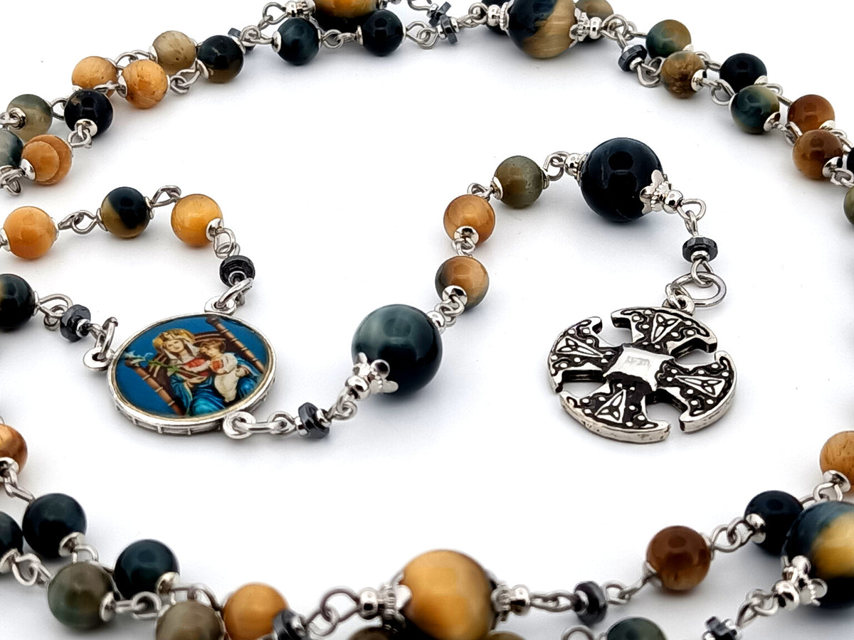Our Lady of Walsingham tigers eye gemstone unique rosary beads with small Canterbury cross.