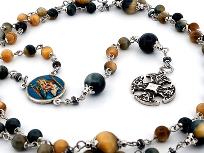 Our Lady of Walsingham tigers eye gemstone unique rosary beads with small Canterbury cross.