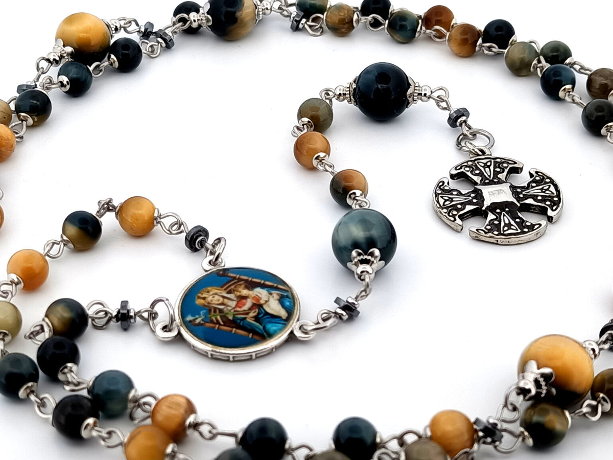Our Lady of Walsingham tigers eye gemstone unique rosary beads with small Canterbury cross.