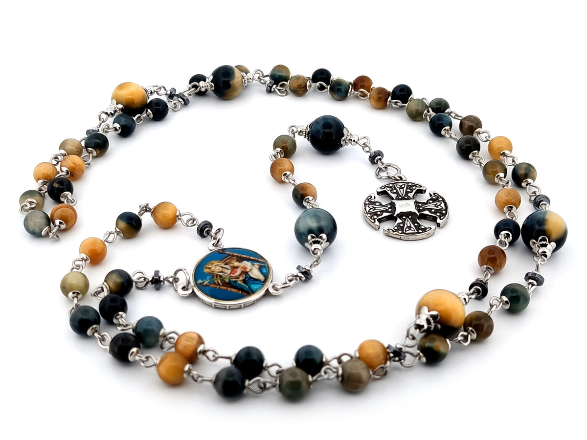 Our Lady of Walsingham tigers eye gemstone unique rosary beads with small Canterbury cross.