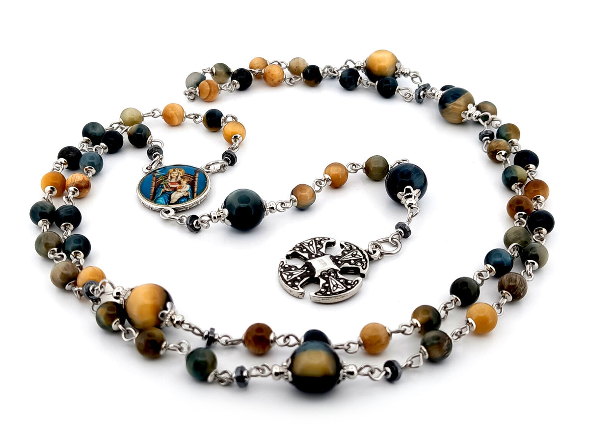 Our Lady of Walsingham tigers eye gemstone unique rosary beads with small Canterbury cross.