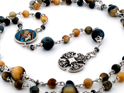 Our Lady of Walsingham tigers eye gemstone unique rosary beads with small Canterbury cross.