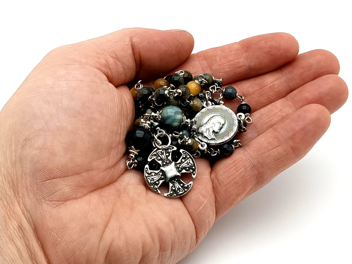 Our Lady of Walsingham tigers eye gemstone unique rosary beads with small Canterbury cross.
