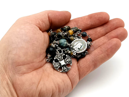 Our Lady of Walsingham tigers eye gemstone unique rosary beads with small Canterbury cross.