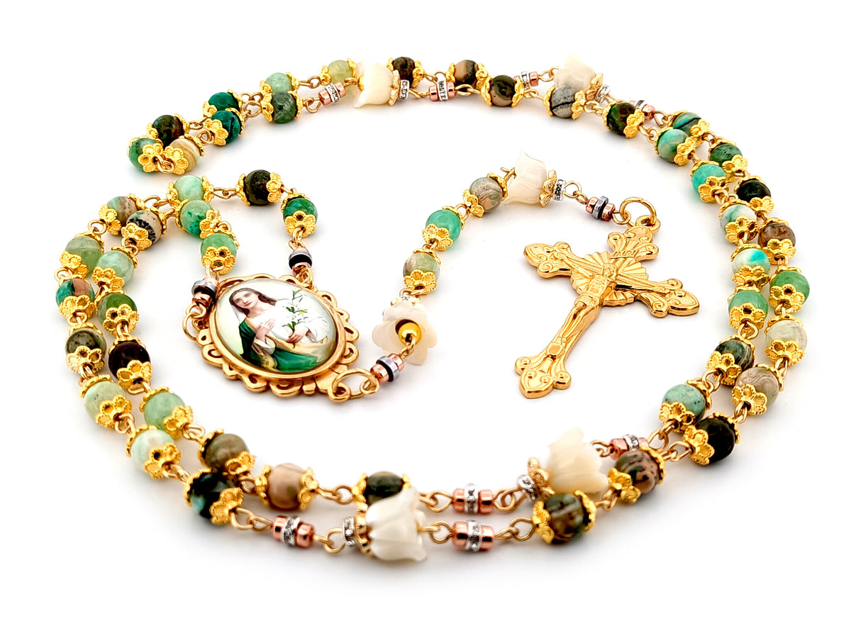 Saint Maria Goretti green line jasper gemstone and mother of pearl unique rosary beads with gold plated sunburst crucifix.
