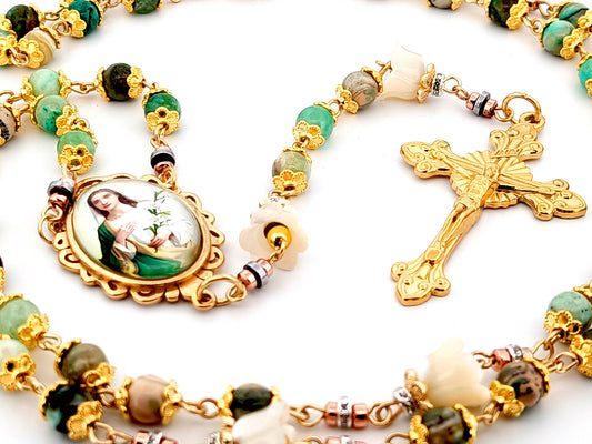 Saint Maria Goretti green line jasper gemstone and mother of pearl unique rosary beads with gold plated sunburst crucifix.