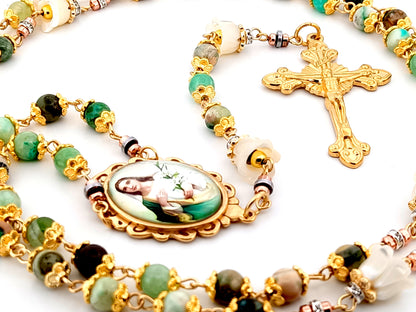 Saint Maria Goretti green line jasper gemstone and mother of pearl unique rosary beads with gold plated sunburst crucifix.