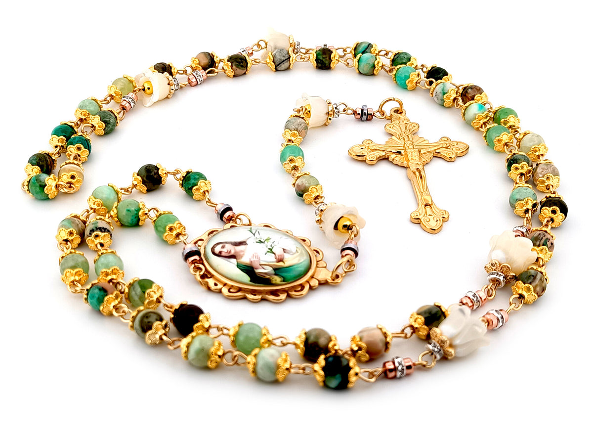 Saint Maria Goretti green line jasper gemstone and mother of pearl unique rosary beads with gold plated sunburst crucifix.