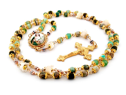 Saint Maria Goretti green line jasper gemstone and mother of pearl unique rosary beads with gold plated sunburst crucifix.