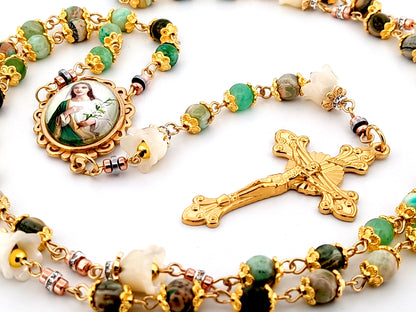 Saint Maria Goretti green line jasper gemstone and mother of pearl unique rosary beads with gold plated sunburst crucifix.