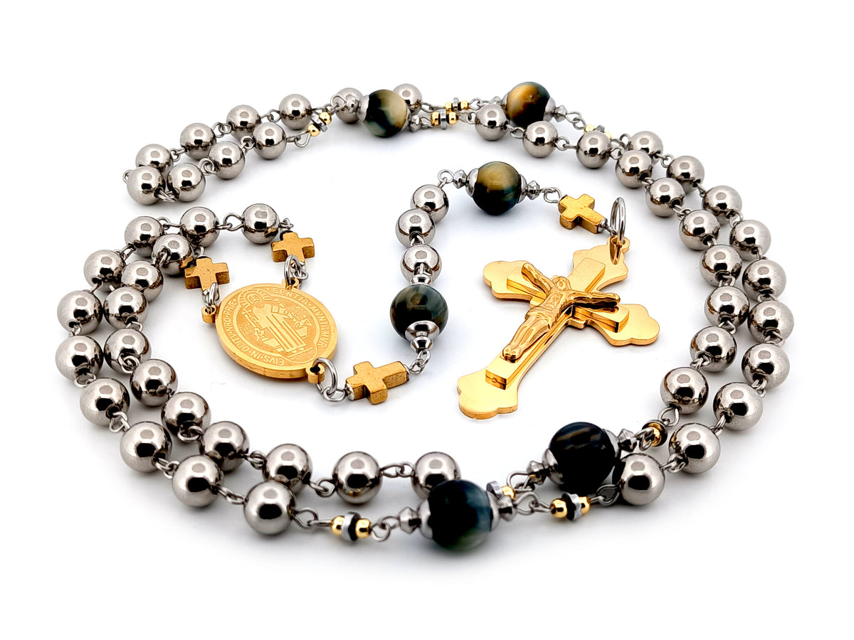 Saint Benedict stainless steel and tigers eye gemstone unique rosary beads with gold plated stainless steel 3D crucifix.