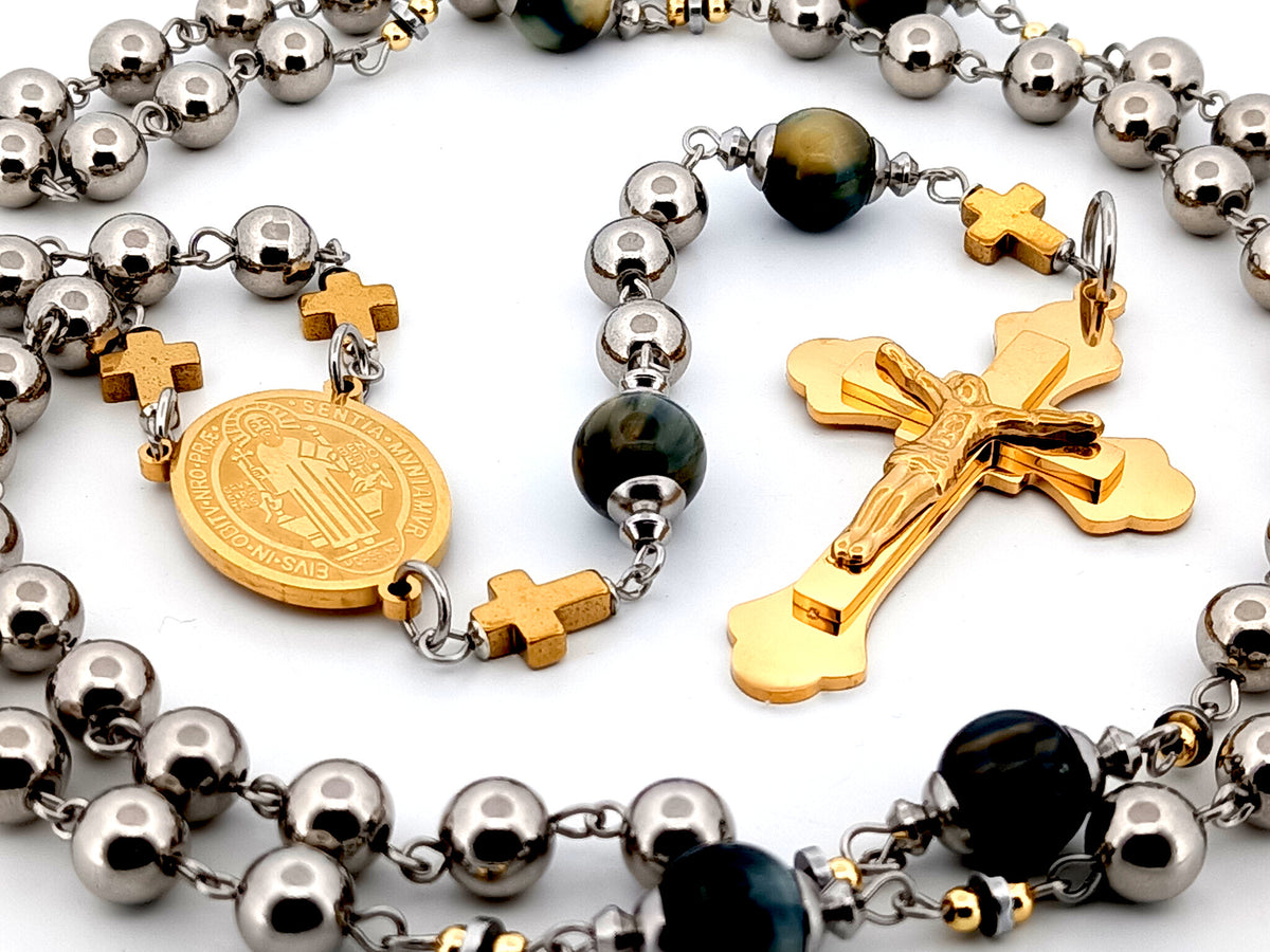 Saint Benedict stainless steel and tigers eye gemstone unique rosary beads with gold plated stainless steel 3D crucifix.