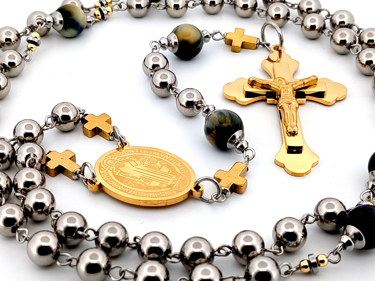 Saint Benedict stainless steel and tigers eye gemstone unique rosary beads with gold plated stainless steel 3D crucifix.
