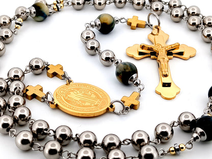 Saint Benedict stainless steel and tigers eye gemstone unique rosary beads with gold plated stainless steel 3D crucifix.