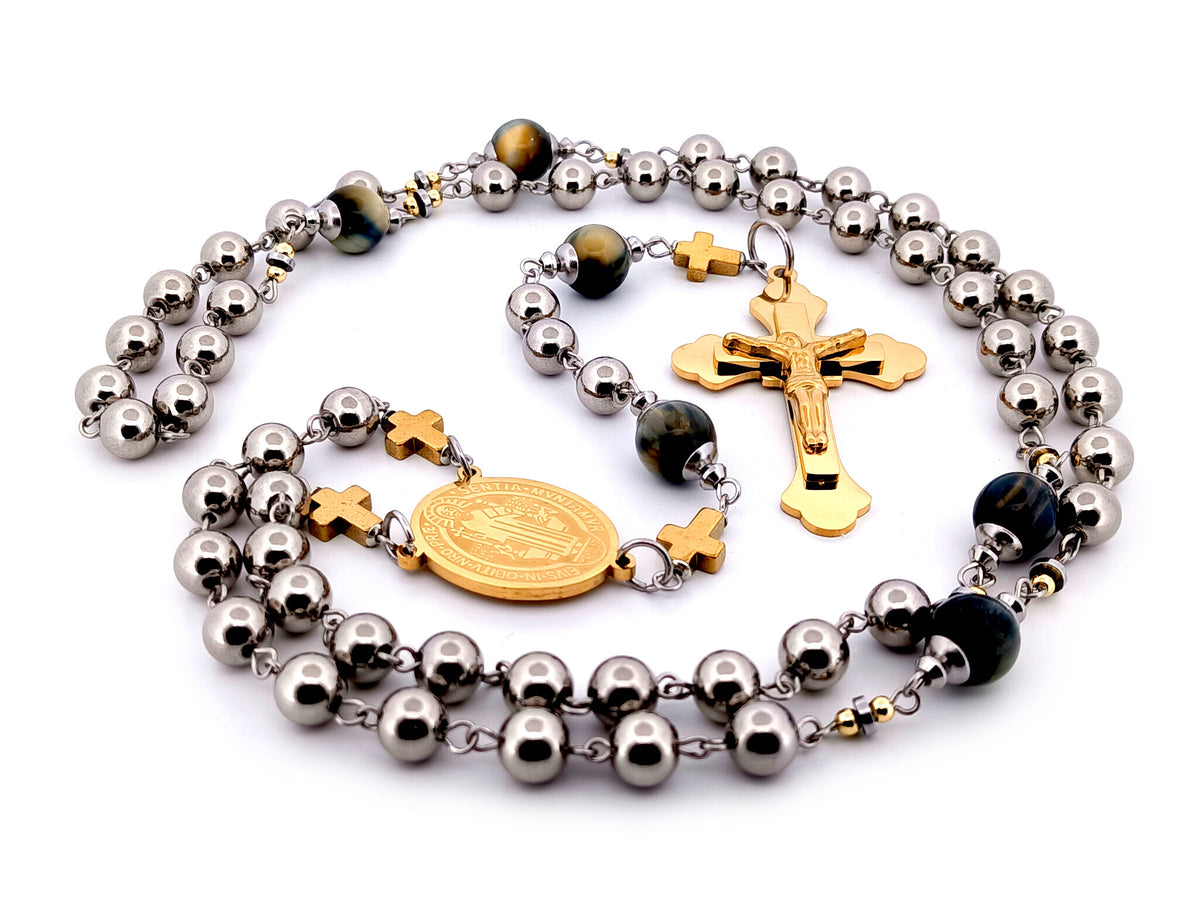 Saint Benedict stainless steel and tigers eye gemstone unique rosary beads with gold plated stainless steel 3D crucifix.