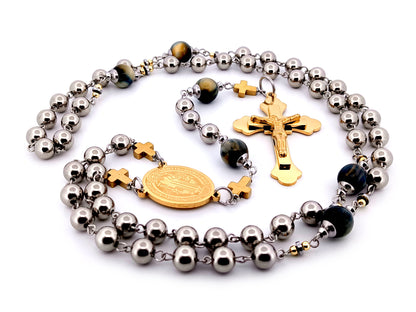 Saint Benedict stainless steel and tigers eye gemstone unique rosary beads with gold plated stainless steel 3D crucifix.