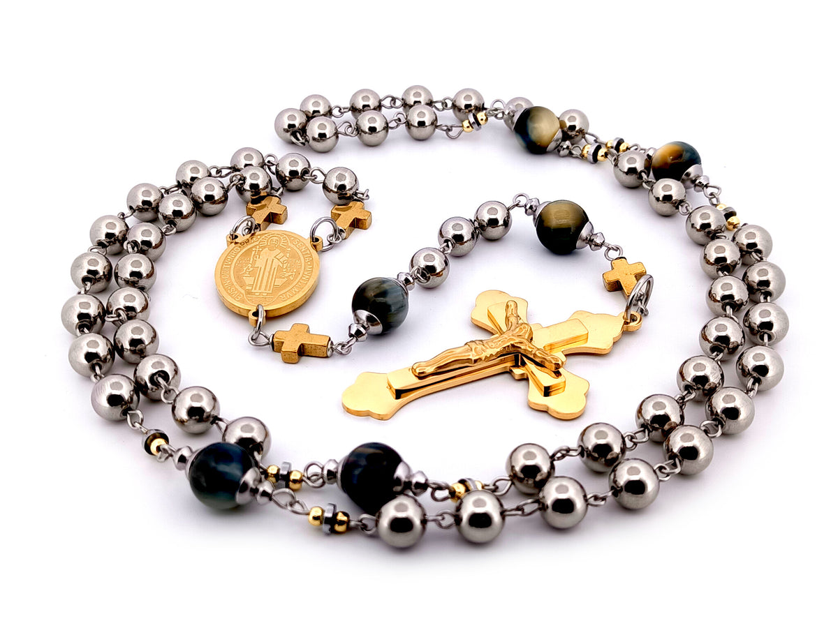 Saint Benedict stainless steel and tigers eye gemstone unique rosary beads with gold plated stainless steel 3D crucifix.