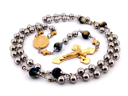 Saint Benedict stainless steel and tigers eye gemstone unique rosary beads with gold plated stainless steel 3D crucifix.