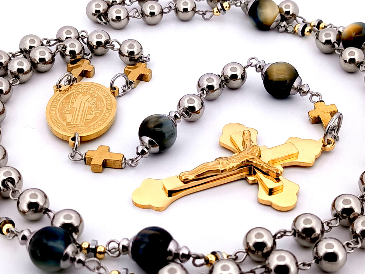 Saint Benedict stainless steel and tigers eye gemstone unique rosary beads with gold plated stainless steel 3D crucifix.