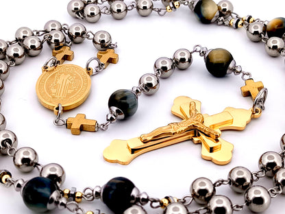 Saint Benedict stainless steel and tigers eye gemstone unique rosary beads with gold plated stainless steel 3D crucifix.
