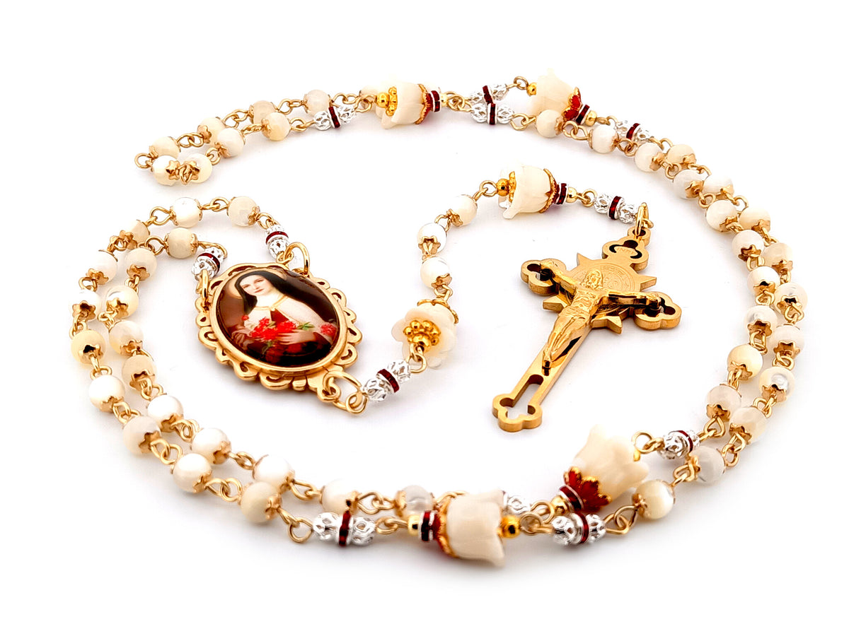 Saint Therese of Lisieux mother of pearl unique rosary beads with gold plated Saint Benedict crucifix.