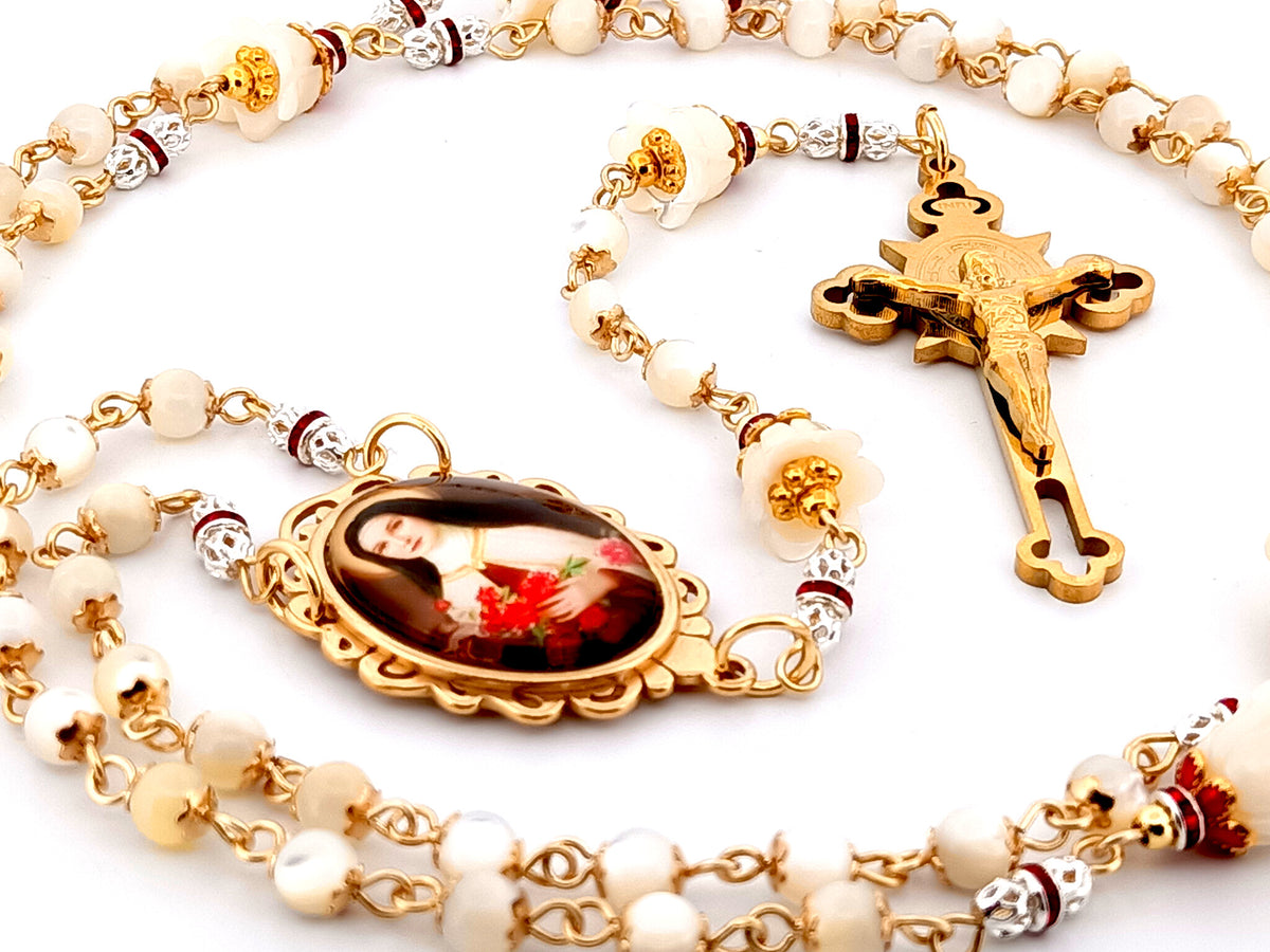 Saint Therese of Lisieux mother of pearl unique rosary beads with gold plated Saint Benedict crucifix.