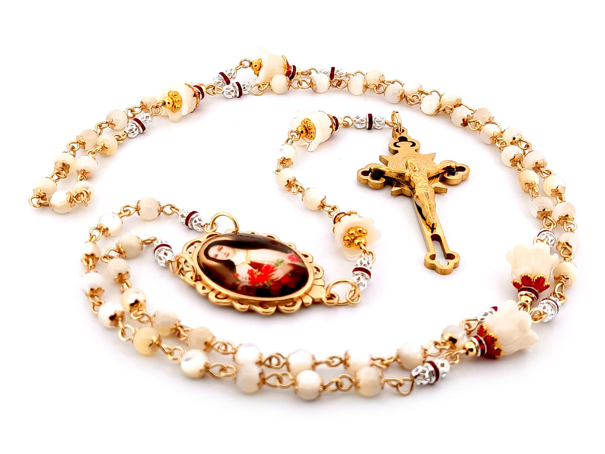 Saint Therese of Lisieux mother of pearl unique rosary beads with gold plated Saint Benedict crucifix.
