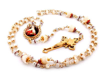 Saint Therese of Lisieux mother of pearl unique rosary beads with gold plated Saint Benedict crucifix.