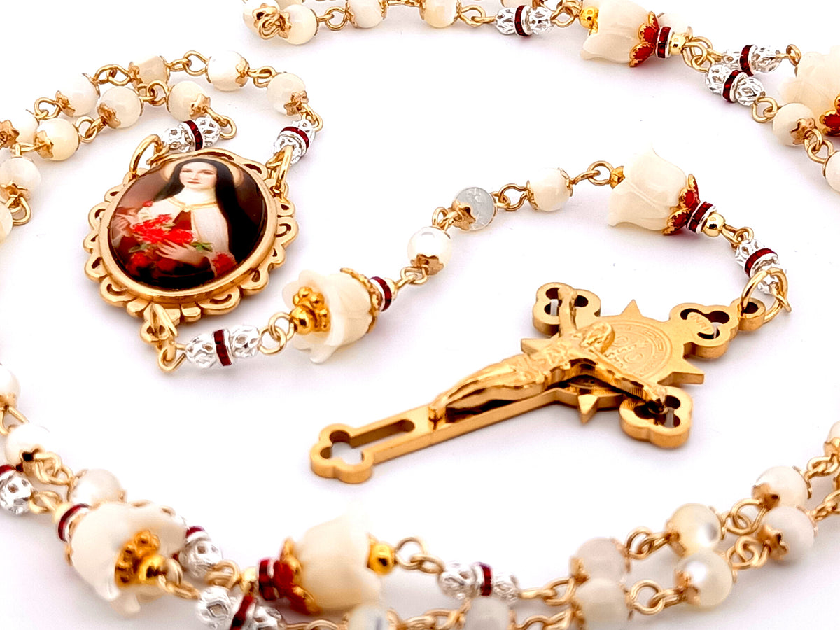 Saint Therese of Lisieux mother of pearl unique rosary beads with gold plated Saint Benedict crucifix.