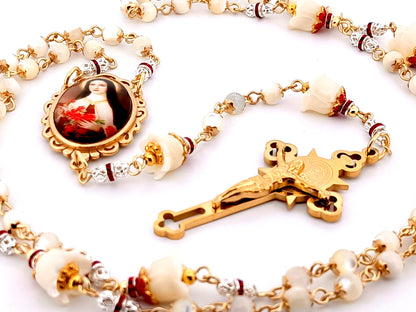 Saint Therese of Lisieux mother of pearl unique rosary beads with gold plated Saint Benedict crucifix.