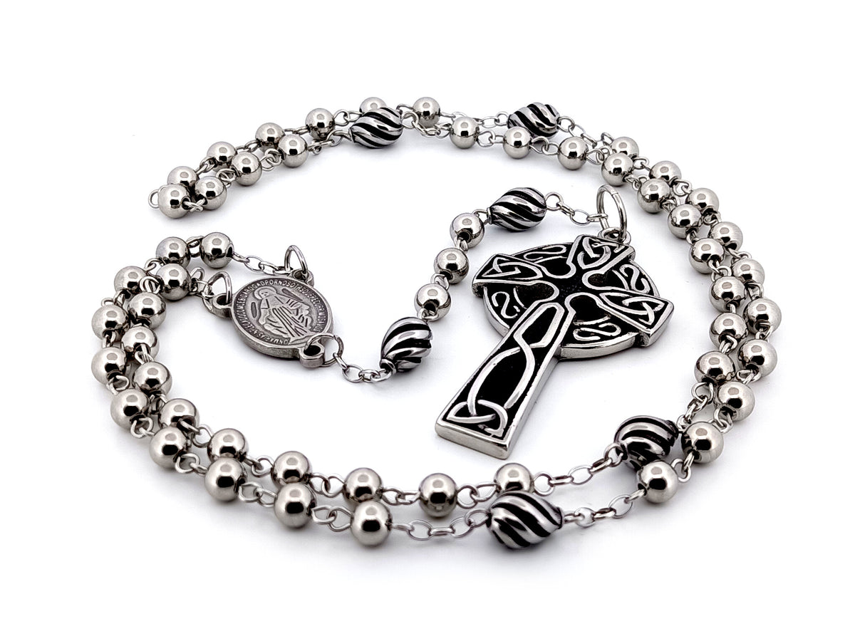 Miraculous Medal stainless steel unique rosary beads with stainless steel Celtic Cross.